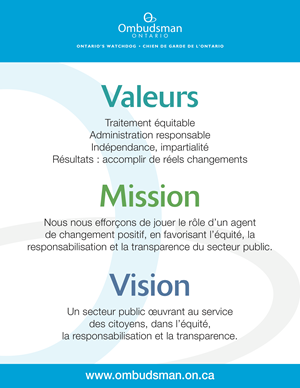 Image des valeurs, mission et vision du bureau de l'Ombudsman Ontario.