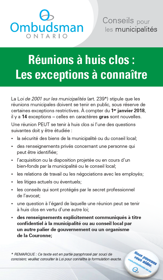 Brochure "Conseils pour les municipalités" incluant le texte : Réunions à huis clos - Les exceptions à connaître, accompagné du logo de l'Ombudsman Ontario