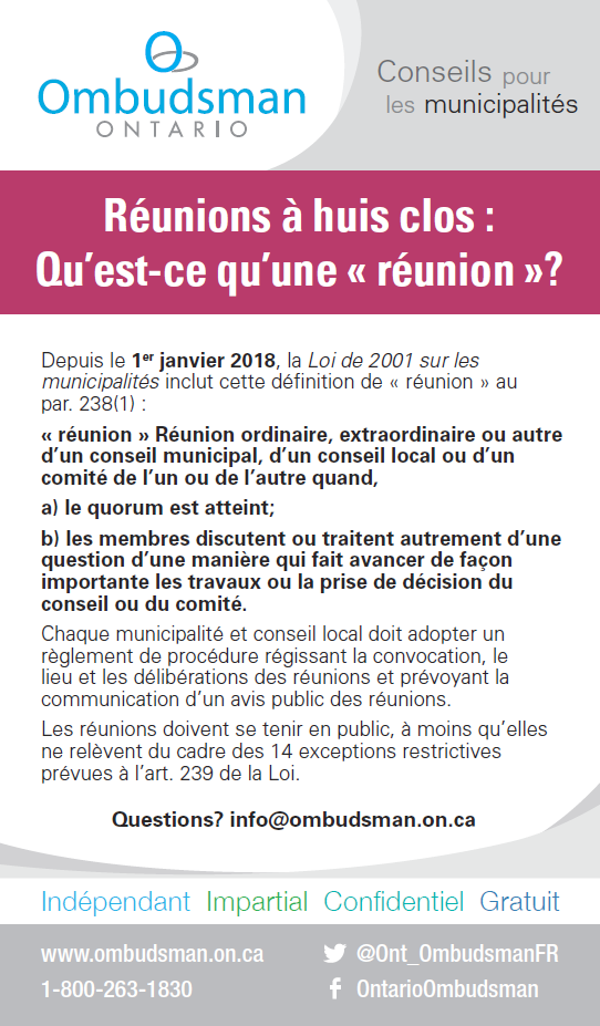 Brochure intitulée "Conseils pour les municipalités" incluant le texte : Réunions à huis clos - Qu’est-ce qu’une « réunion »? accompagné du logo de l'Ombudsman Ontario