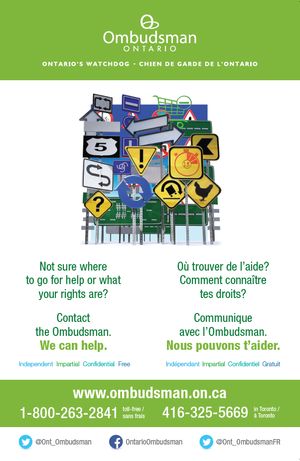Lien vers le PDF de l'affiche pour enfants et jeunes intitulée "Où trouver de l’aide? Comment connaître tes droits? Communique avec l'Ombudsman. Nous pouvons t'aider." Image de divers signaux indiquant différentes directions, créant un sentiment de confusion