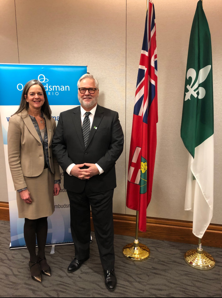 Ombudsman Paul Dube and French Language Services Commissioner Kelly Burke celebrate March as Francophonie month, at our Office.