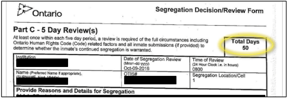 Figure 5: Adam Capay's segregation review form from October 9, 2016, showing 50 total days in segregation.