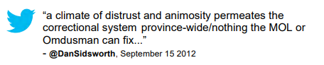 Tweet: ""a climate of distrust and animosity permeates the correction system province-wide/nothing the MOL or Ombudsman can fix..." @DanSidsworth, September 15, 2012