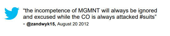 Tweet: "the incompetence of MGMNT will always be ignored and excused while the CO is always attacked #suits" @zandwyk15, August 20, 2012