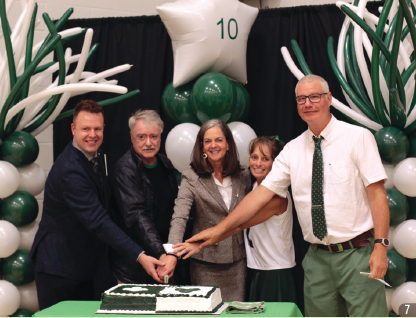 From left to right, French Language Services Unit Director of Operations Carl Bouchard, Sarnia Mayor Mike Bradley, and Commissioner Burke, at Franco-Ontarian Day celebrations at the Centre communautaire francophone de Sarnia-Lambton, Sarnia.