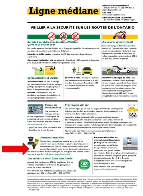 Image d'une page de Ligne médiane – la flèche indique l'avertissement au sujet des amendes impayées.