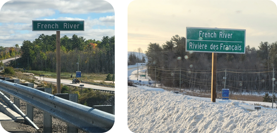 Panneaux routiers près de Rivière des Français, avant (à gauche) et après notre intervention.