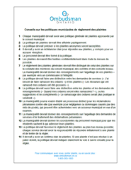 Brochure de deux pages intitulée "Conseils sur les politiques municipales de règlement des plaintes" énumérant une liste de 27 recopmmandations