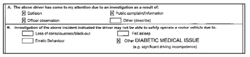 Figure 2: Example of the Driver Information / Request for Driver’s Licence Review form, with “diabetic medical issue” identified in the “other” box. A full copy of this form is attached as Appendix D.