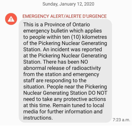 image of the Emergency Alert sent on Sunday, January 12, 2020 at 7:23 a.m.