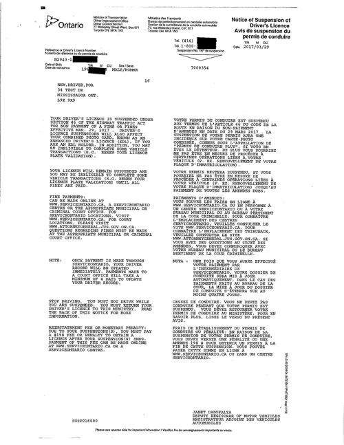 page 1 du formulaire d'Avis de suspension du permis de conduire