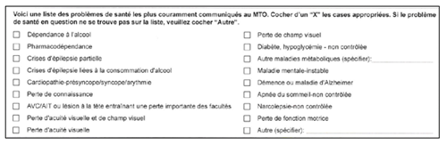 Figure 1 : Extrait du Rapport de signalement médical du ministère des Transports. Le formulaire complet se trouve à l’Annexe A.
