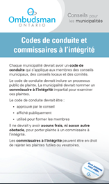 Brochure "Conseils pour les municipalités" incluant le texte : Codes de conduite et commissaires à l’intégrité et accompagné du logo de l'Ombudsman Ontario