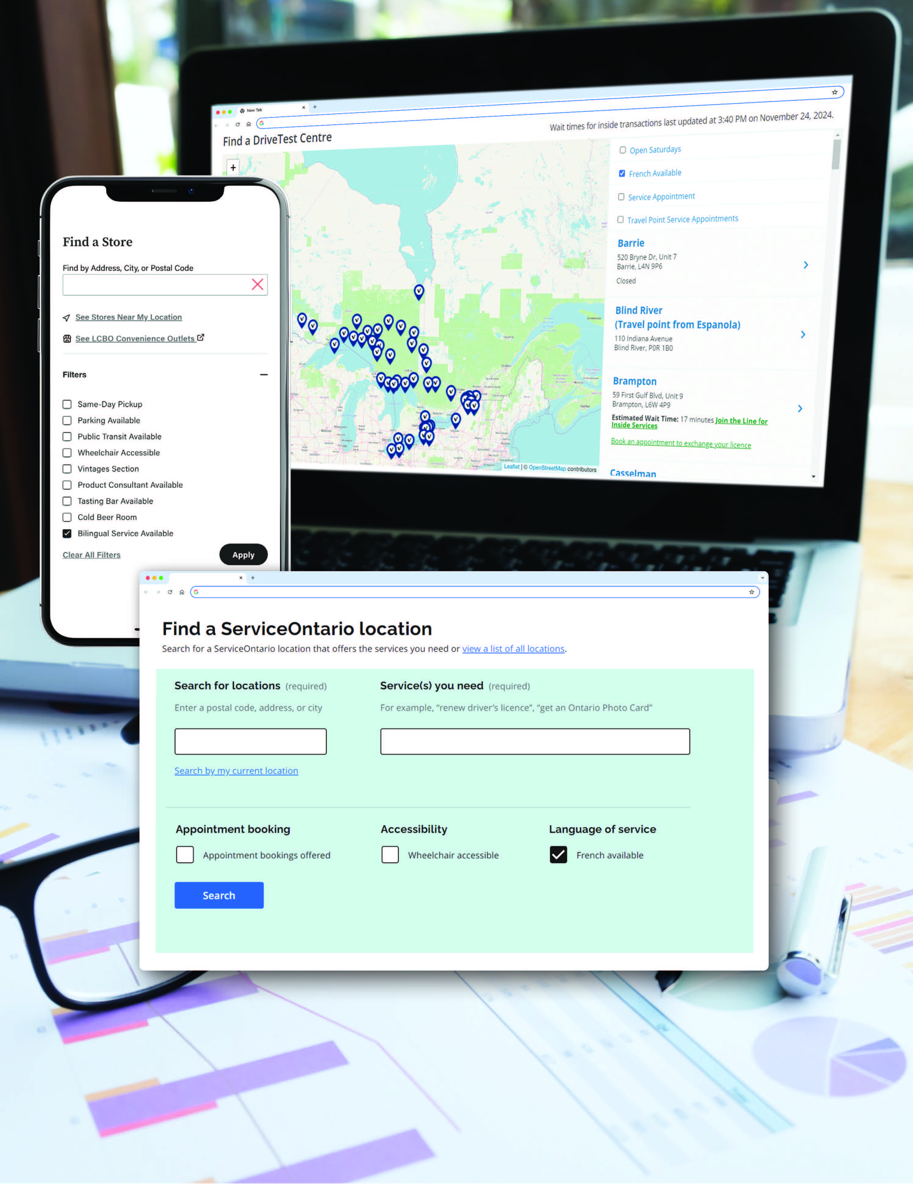 Screens showing ServiceOntario locations around Ontario