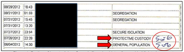 Figure 1: La partie de « l’historique de l'hébergement » du détenu Adam Capay, dans le système informatique du Ministère, indique différentes descriptions de ses placements. Un employé a corrigé ce dossier à la main quand nous l’avons informé des erreurs et a ajouté « SEG » [en anglais, abréviation de « segregation », c’est-à-dire « isolement »].