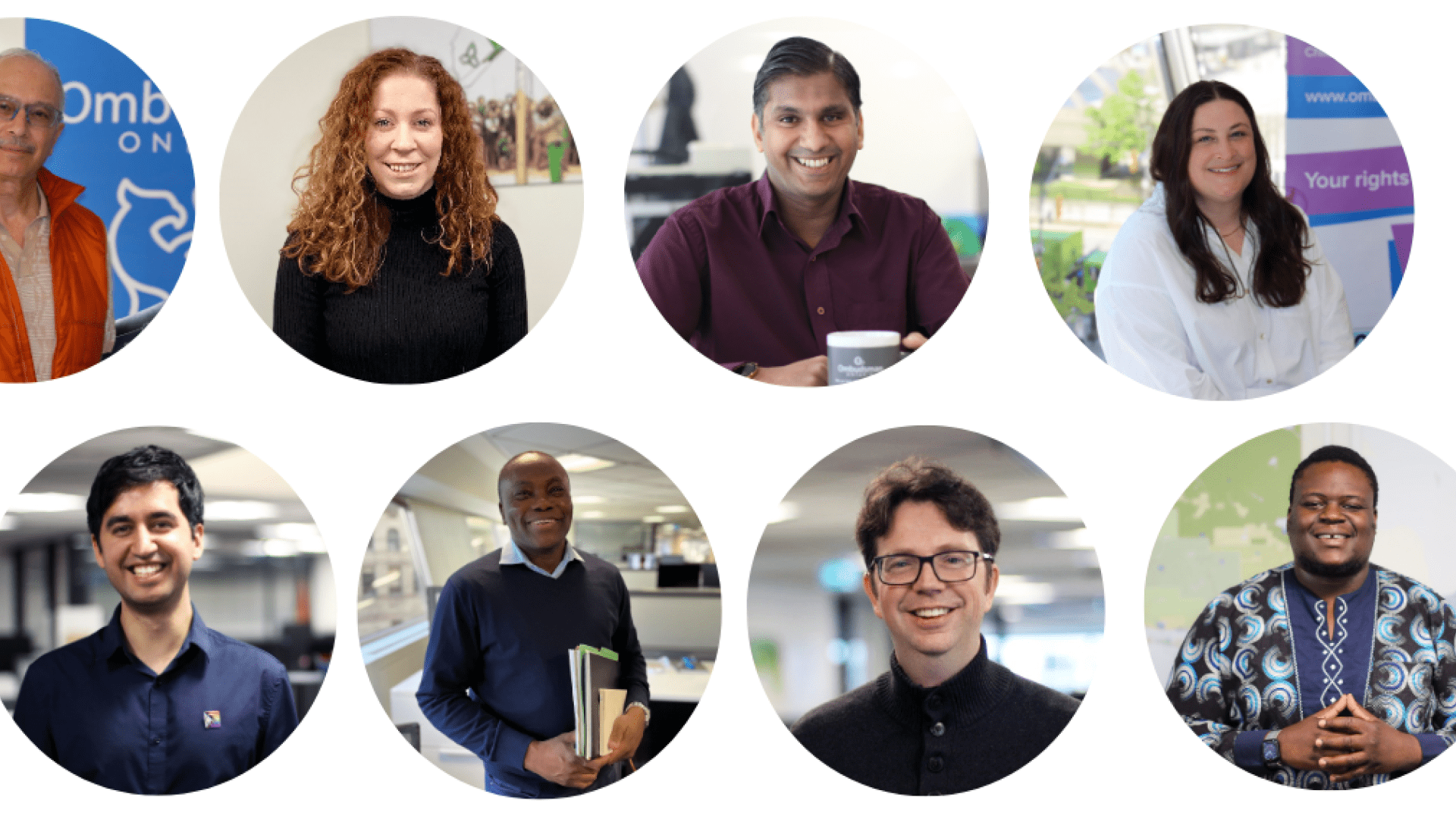 Huit portraits circulaires de membres diversifiés du personnel de l'Ombudsman souriant à la caméra.