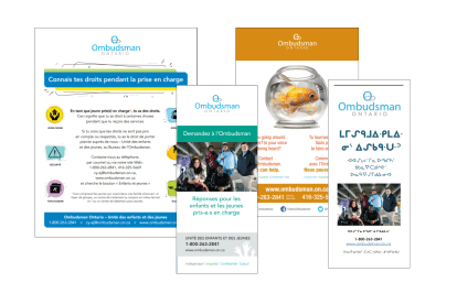 Des brochures et affiches de l'Unité des enfants et des jeunes d'Ombudsman Ontario